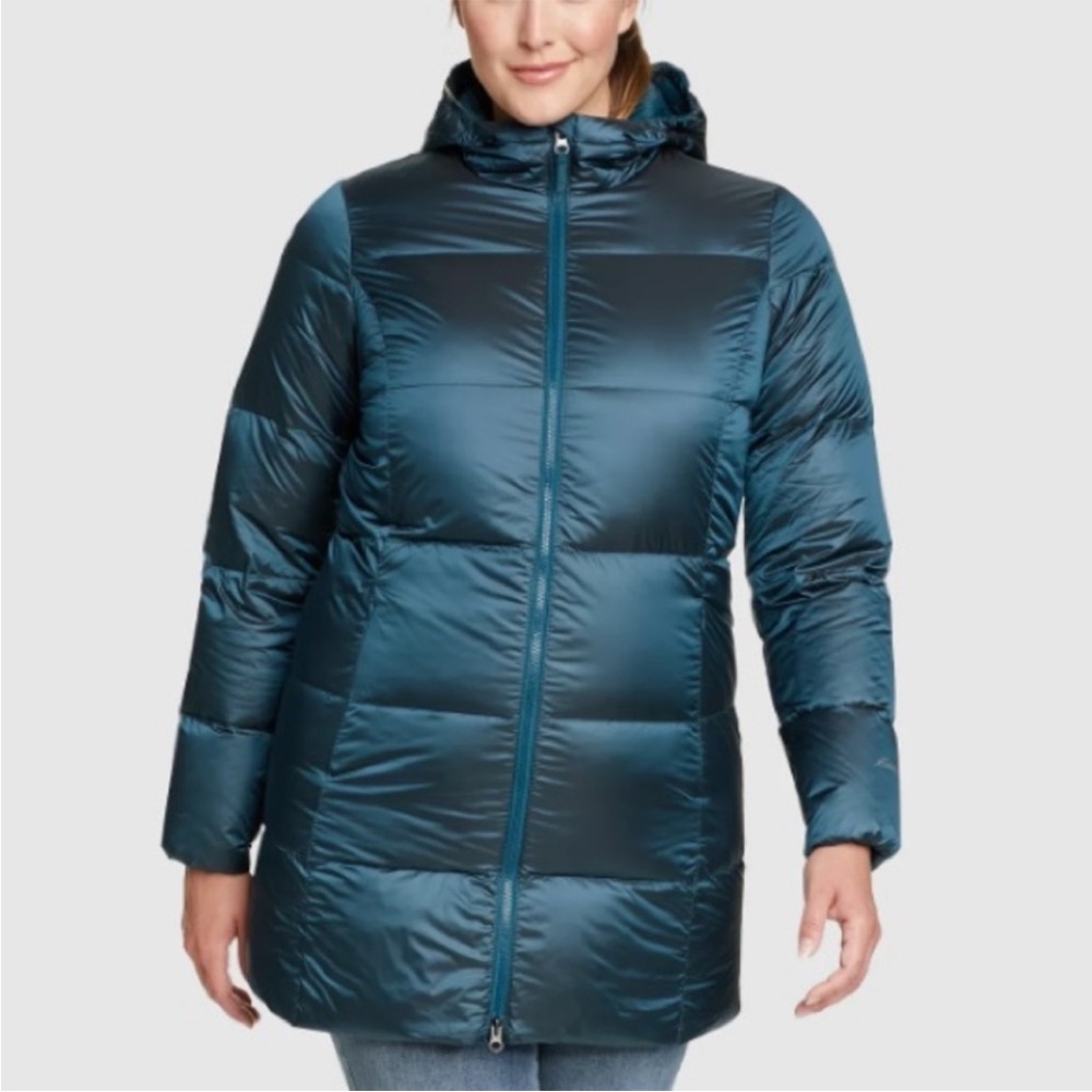 EDDIE BAUER Luna Peak Long Down Puffer Hooded Parka Lightweight Peacock XS 550
